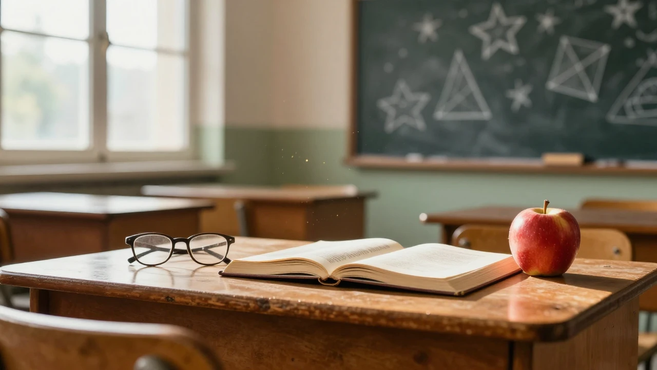 A warm, sunlit classroom scene viewed from a nostalgic persp...