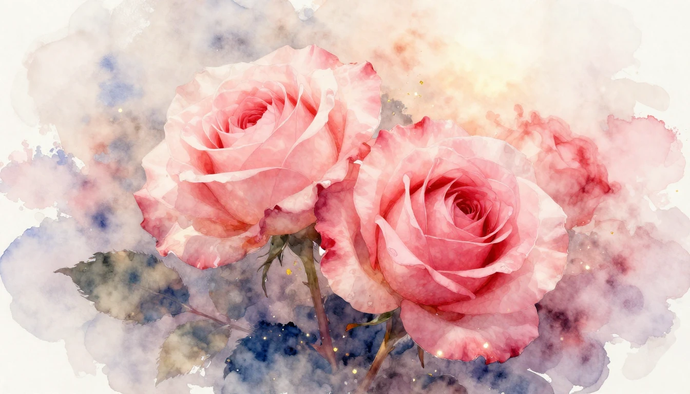A delicate watercolor painting of two blooming roses intertw...