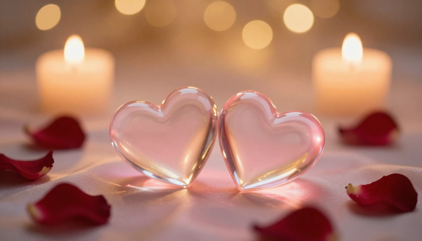 A dreamy and ethereal scene featuring two glowing glass hear...