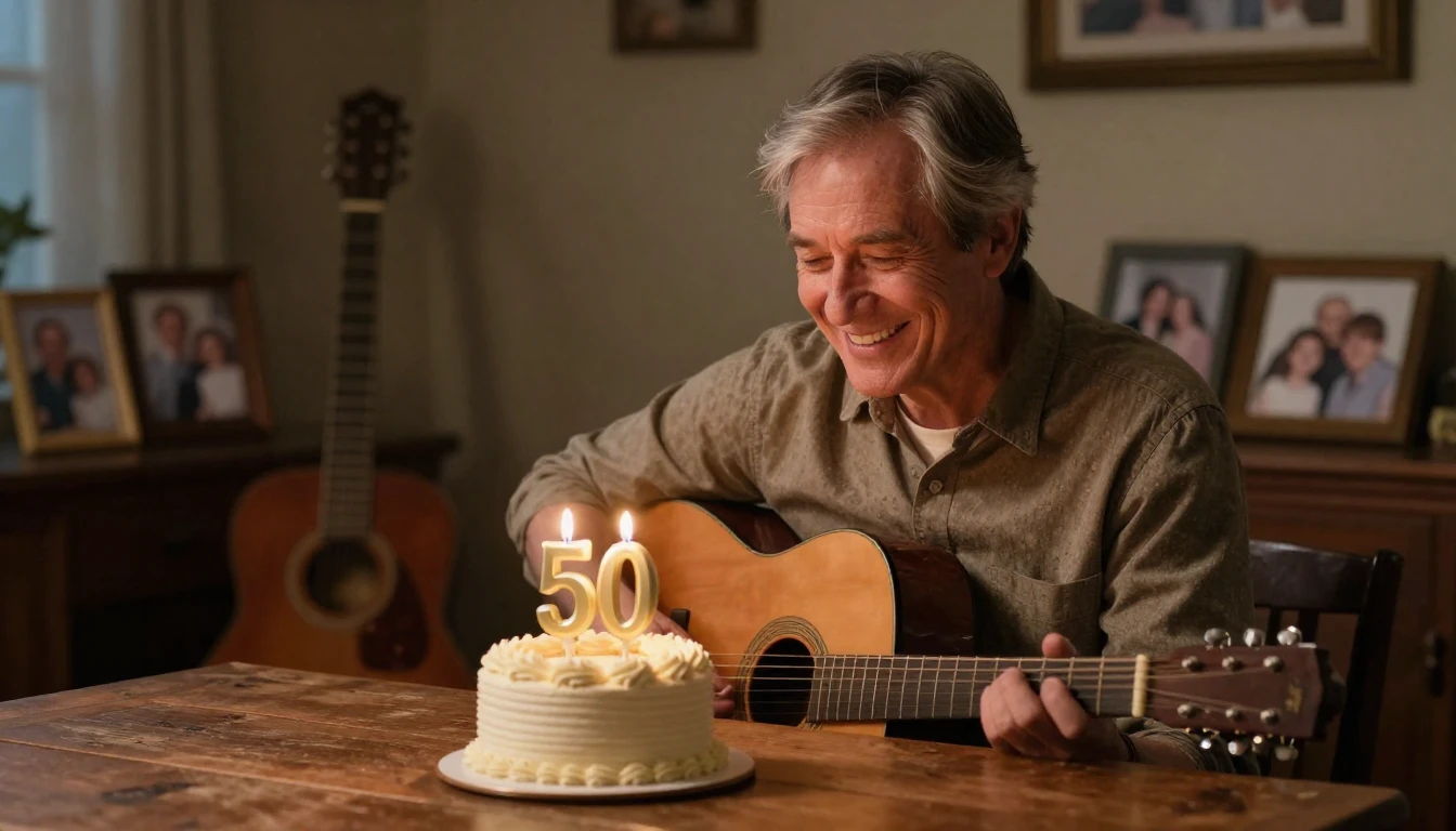 A heartwarming scene of a 50-year-old father with slight sil...