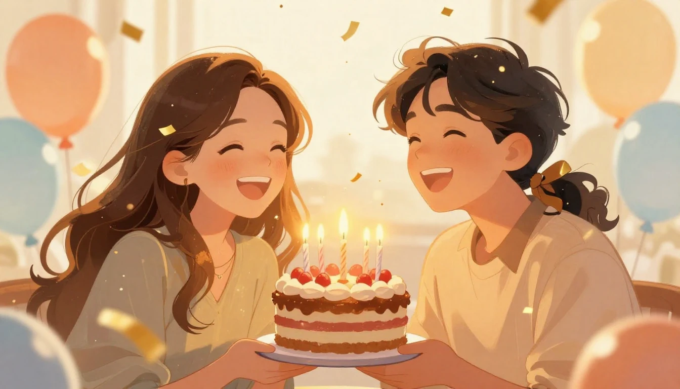 A warm and festive illustration of two friends laughing toge...