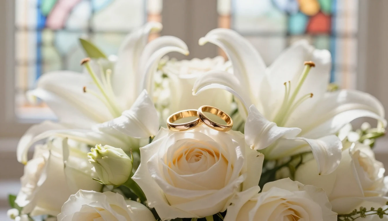 Close-up of two golden wedding rings resting on a delicate b...