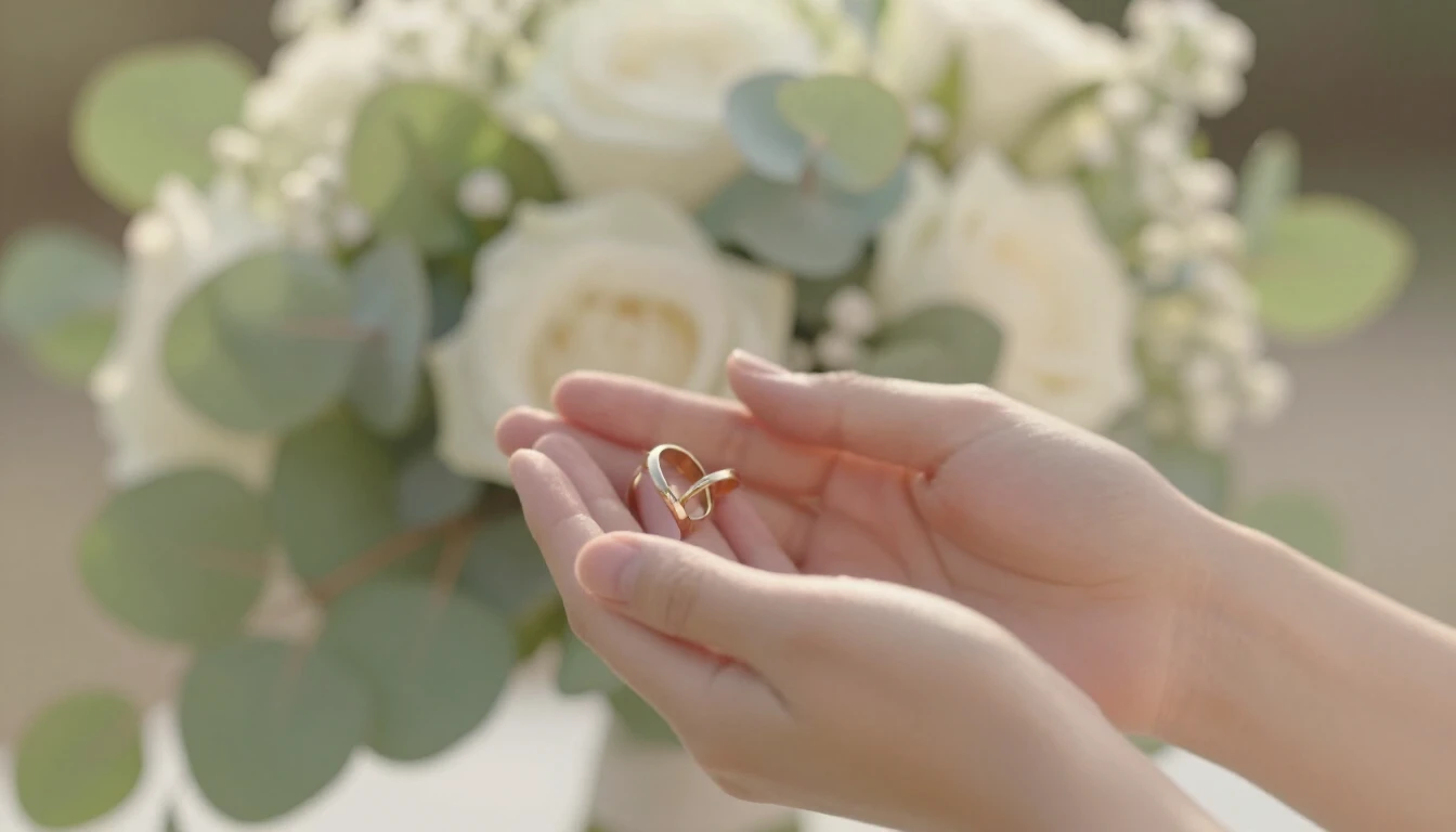 A romantic and dreamy wedding scene, close-up of two hands h...