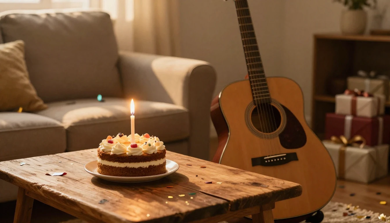 A beautifully lit scene featuring an acoustic guitar leaning...