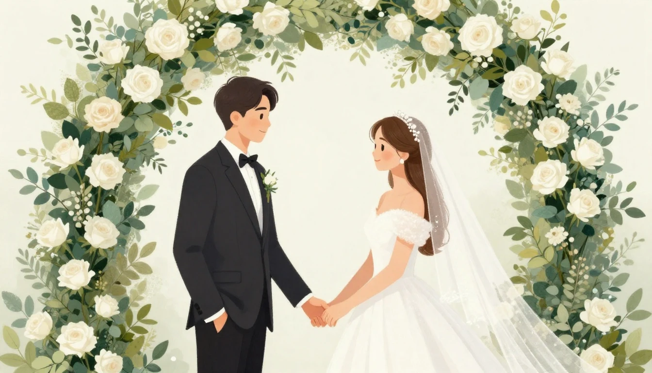 A romantic and dreamy illustration of a bride and groom hold...
