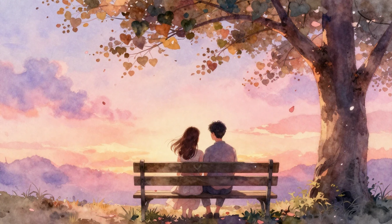 A romantic watercolor painting featuring a couple sitting cl...