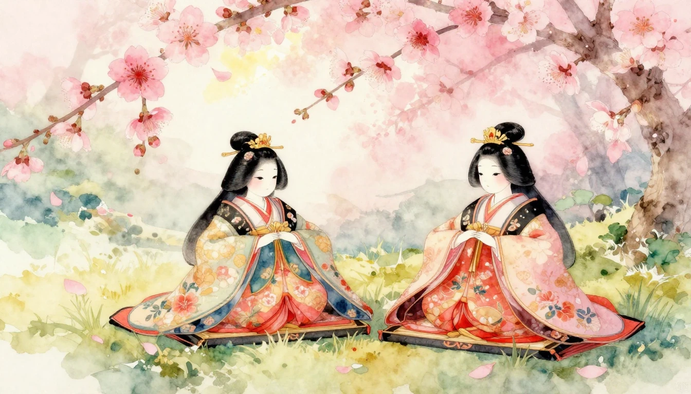 A delicate watercolor painting of traditional Japanese Hina ...