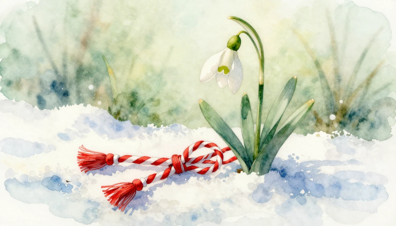 A delicate watercolor painting of a snowdrop flower emerging...