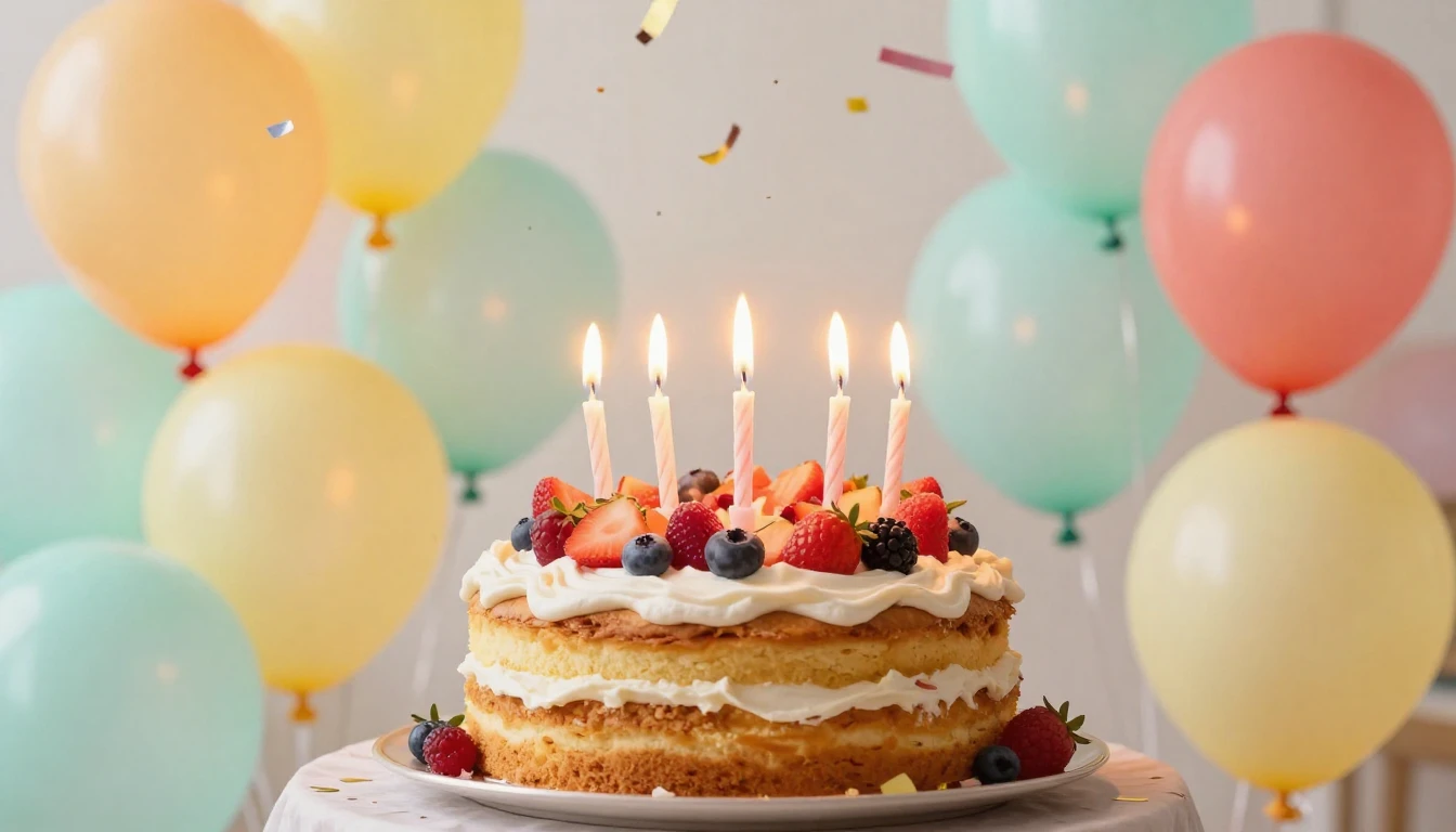 A whimsical and joyful birthday composition focusing on cele...