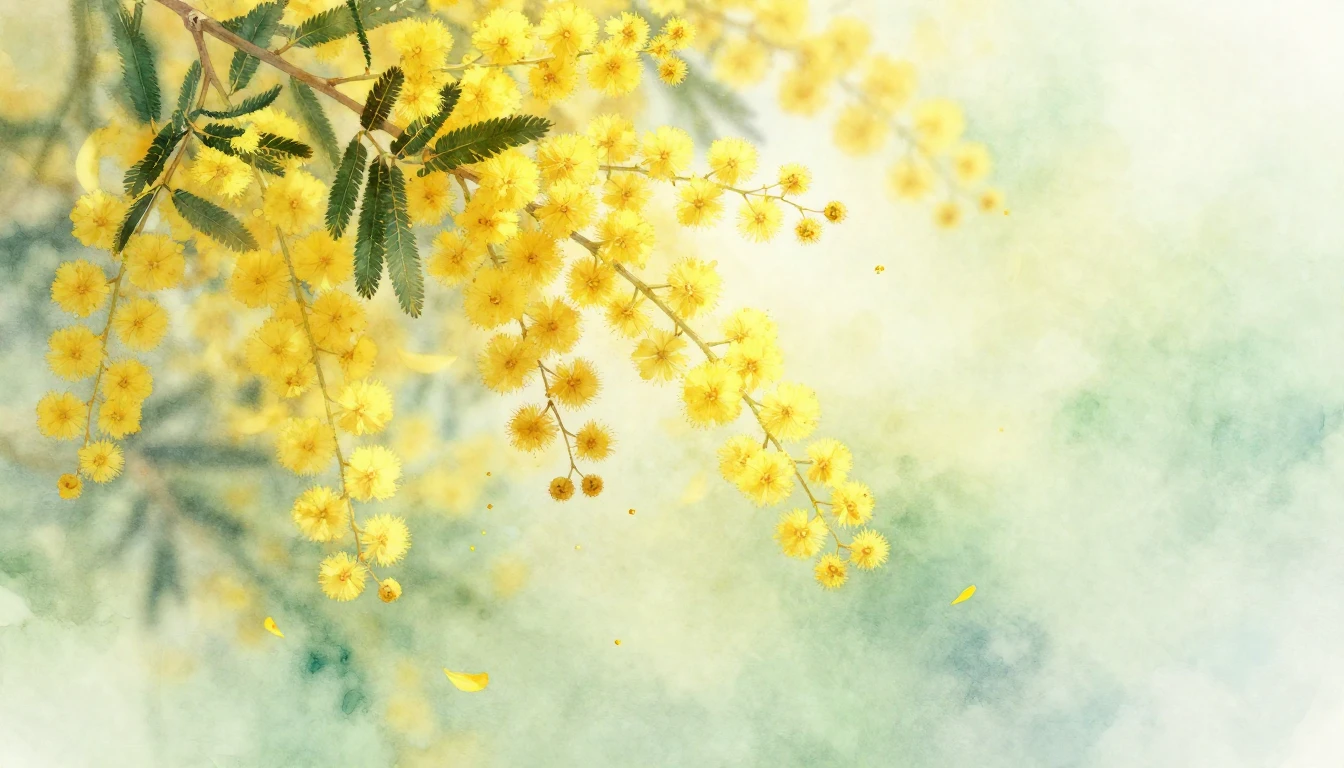 A delicate watercolor painting of bright yellow mimosa flowe...