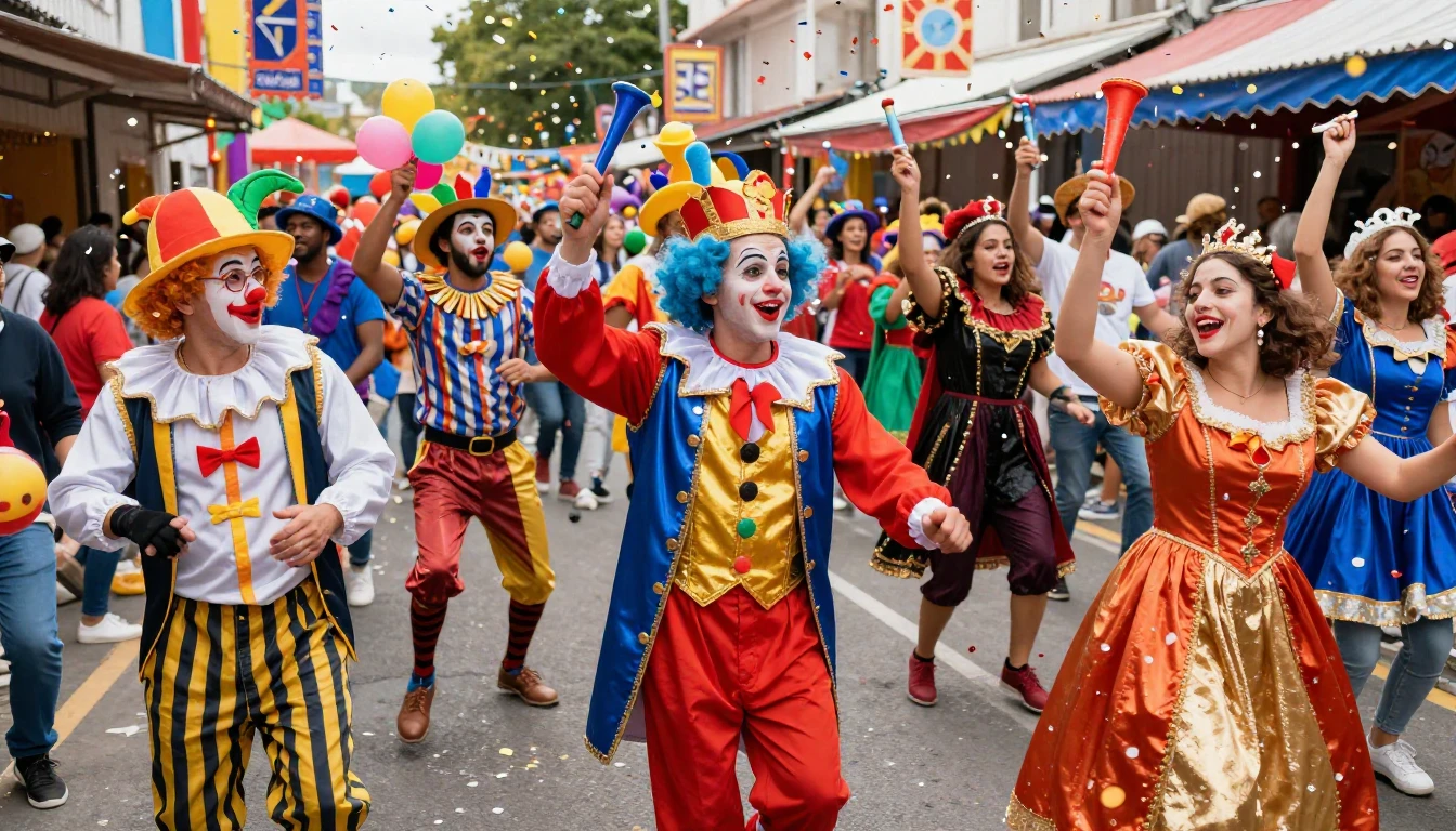 A vibrant and energetic scene of a Purim street carnival cel...