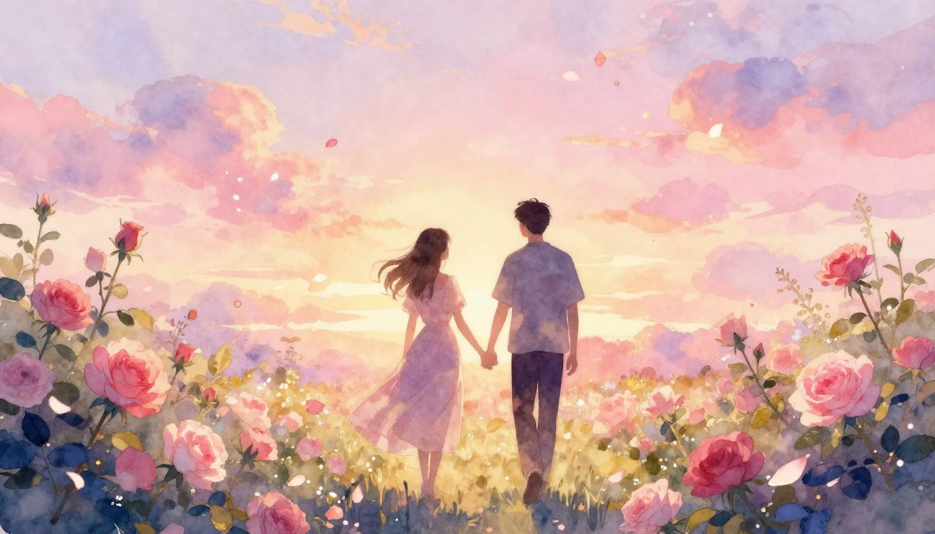 A dreamy watercolor illustration of two silhouettes walking ...