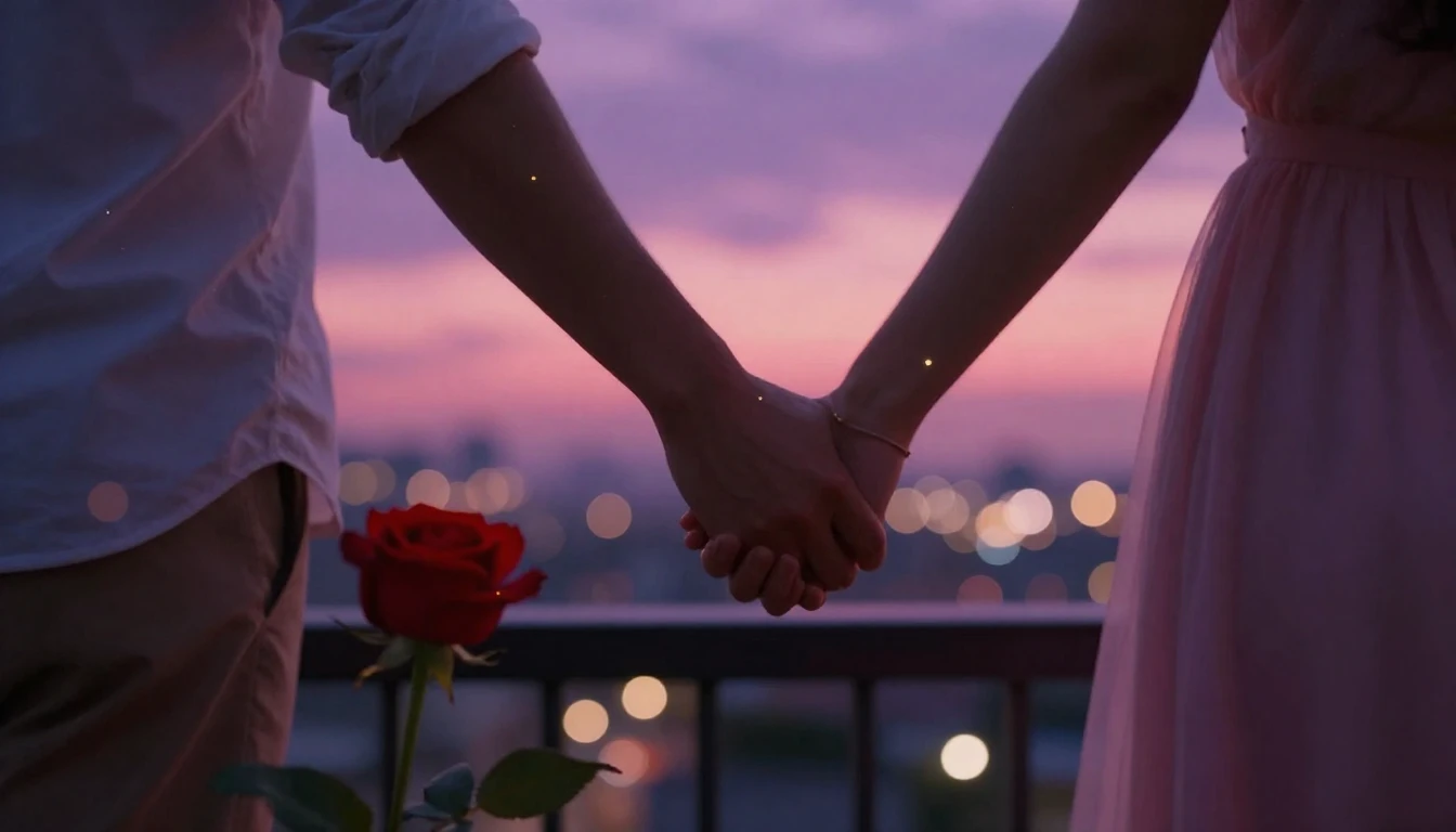 A romantic and dreamy scene featuring a couple holding hands...