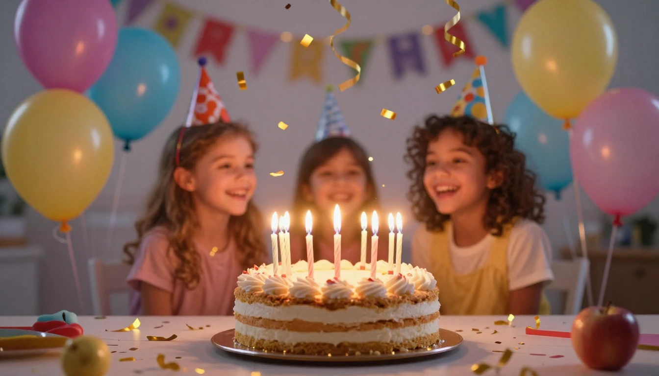 A vibrant and colorful scene of a birthday celebration. In t...