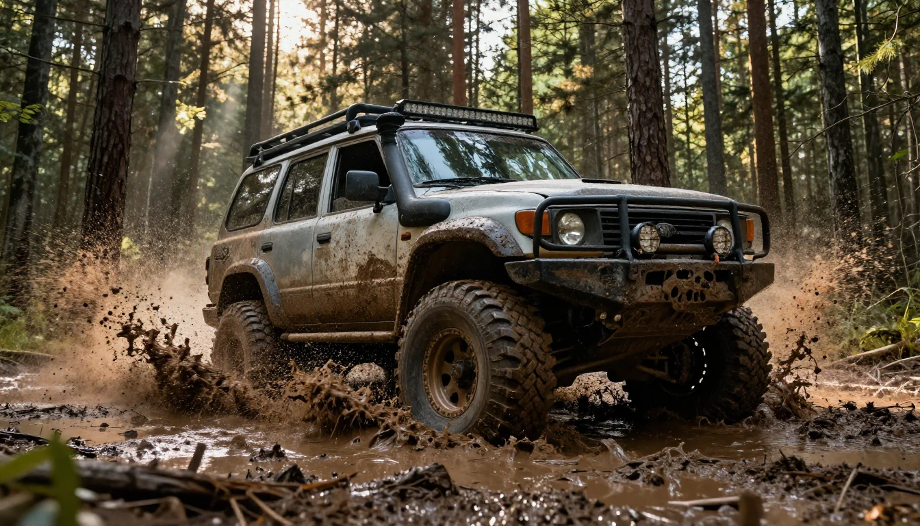 A powerful, modified 4x4 off-road vehicle storming through a...