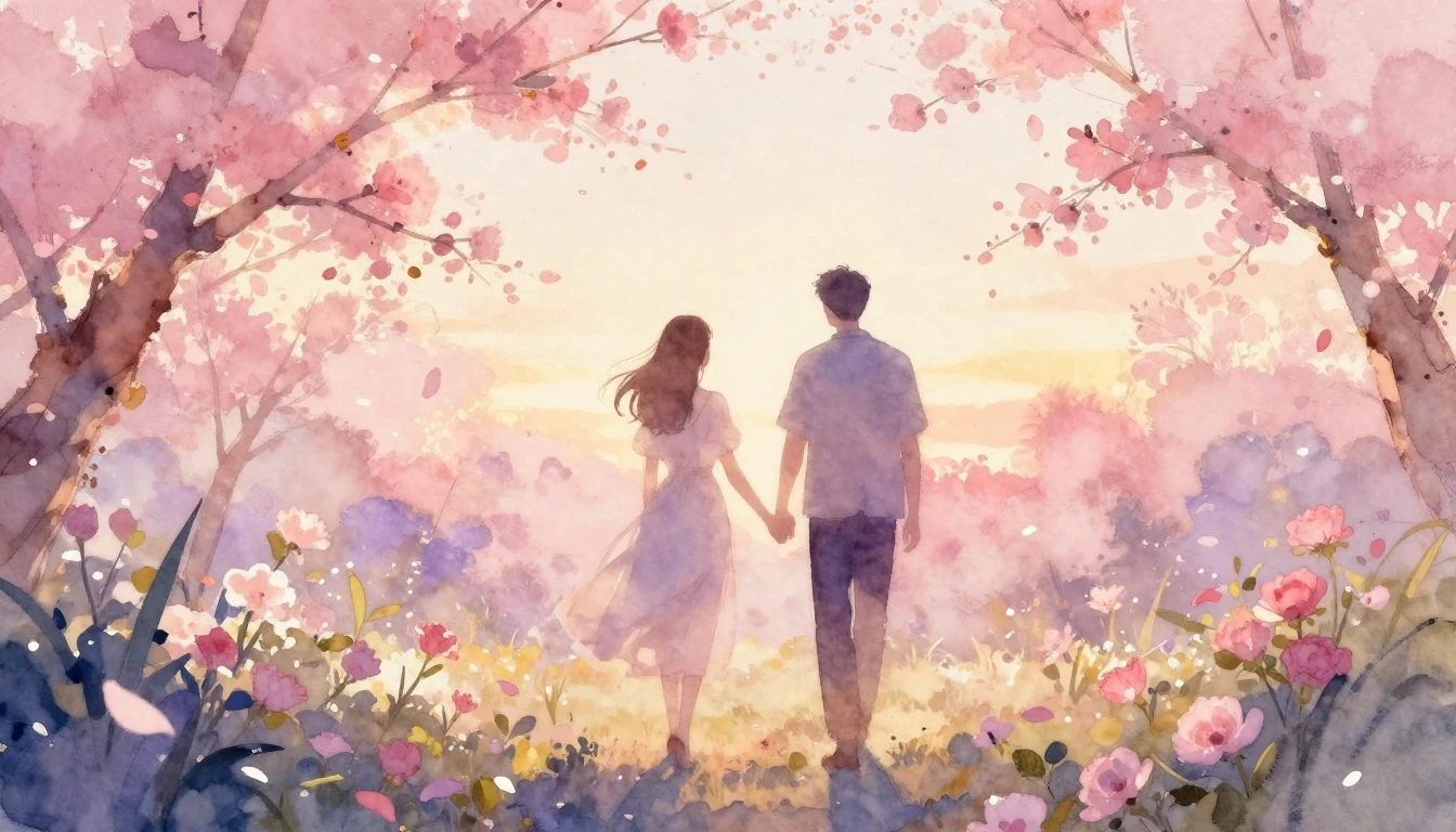 A soft and ethereal watercolor painting depicting two silhou...