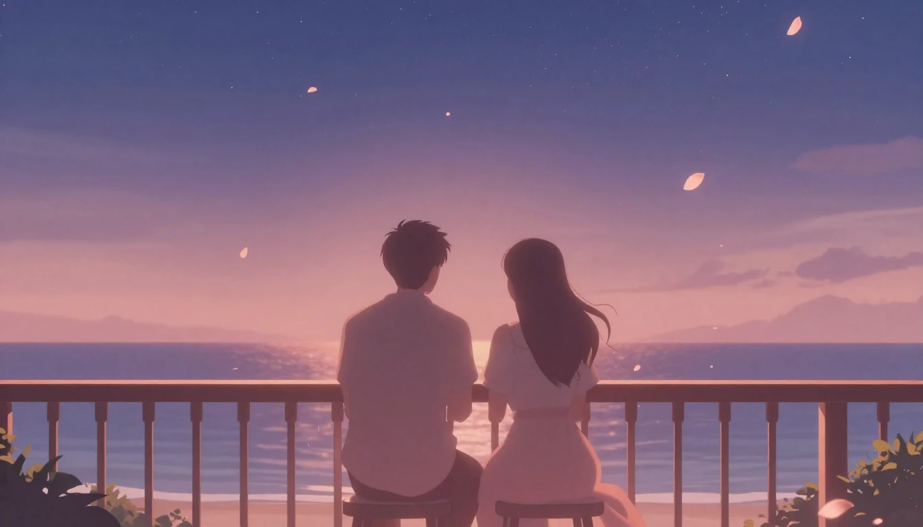 A soft and dreamy scene of two silhouettes sitting close tog...