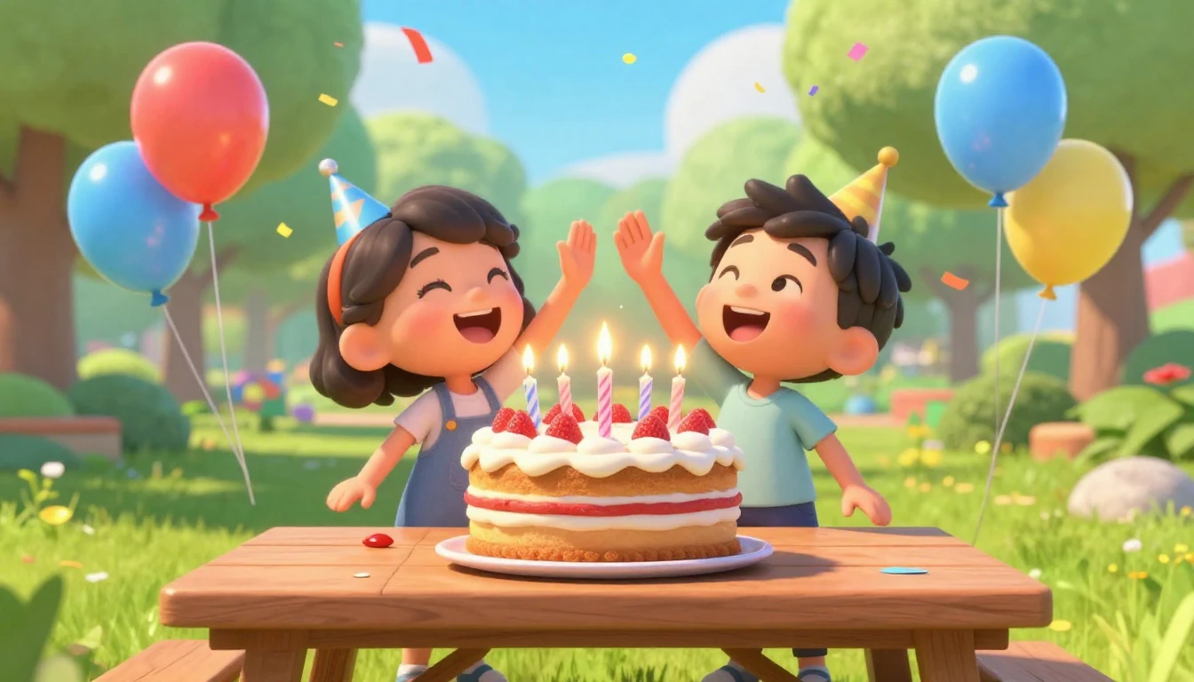 A vibrant and joyful 3D animated scene in the style of a mod...