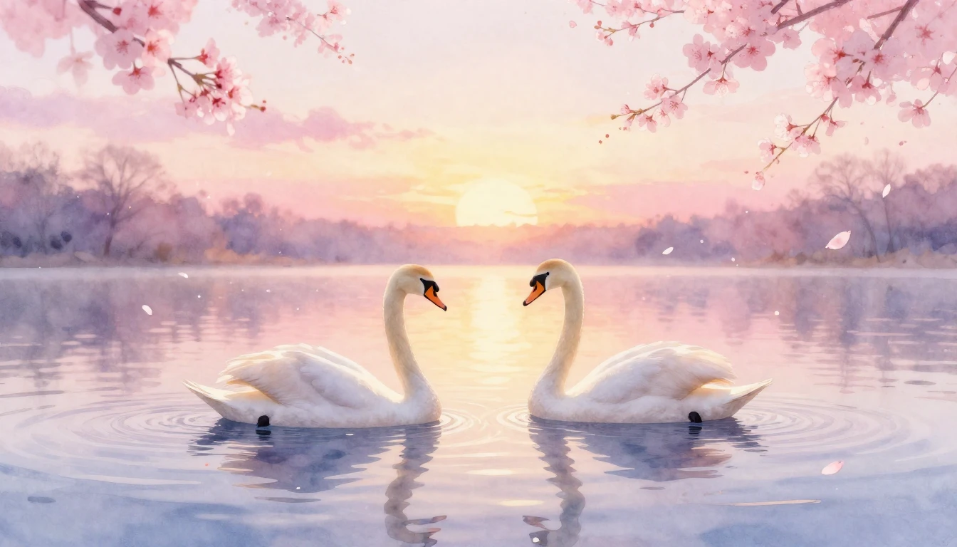A soft watercolor painting of two elegant swans gliding on a...