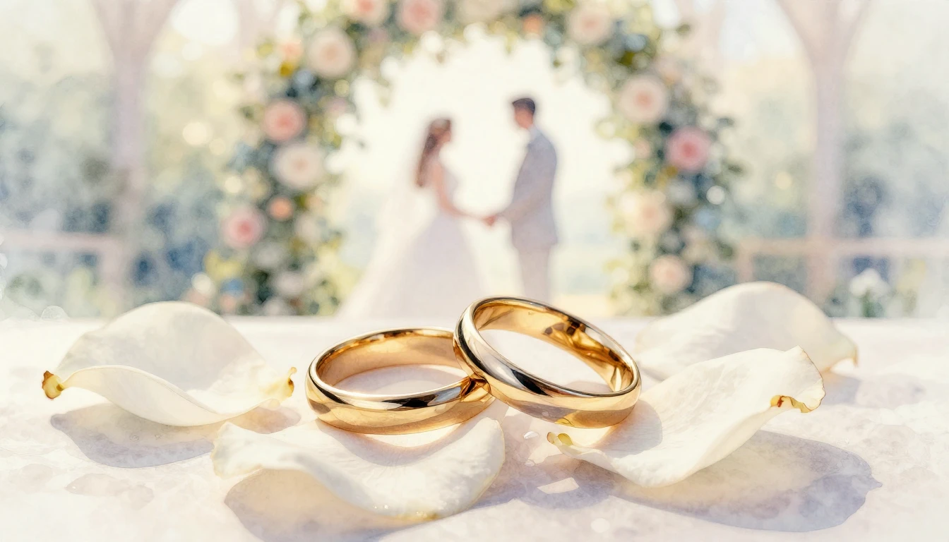 A soft and romantic watercolor painting representing a weddi...