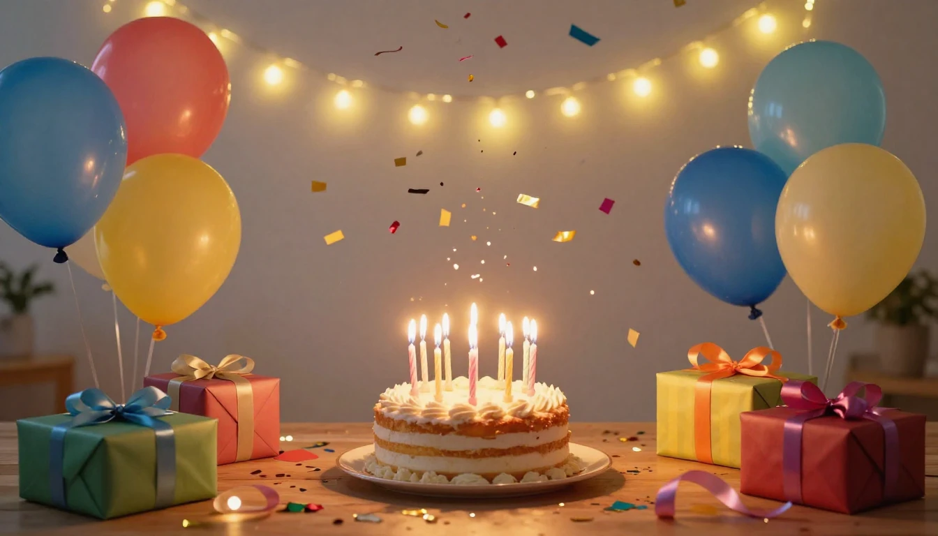 A festive birthday party scene with vibrant balloons, glowin...