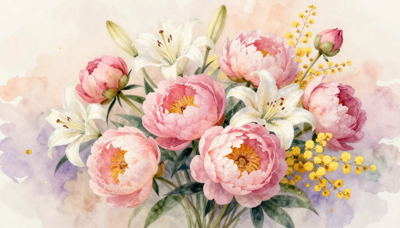 A delicate watercolor masterpiece featuring a lush bouquet o...
