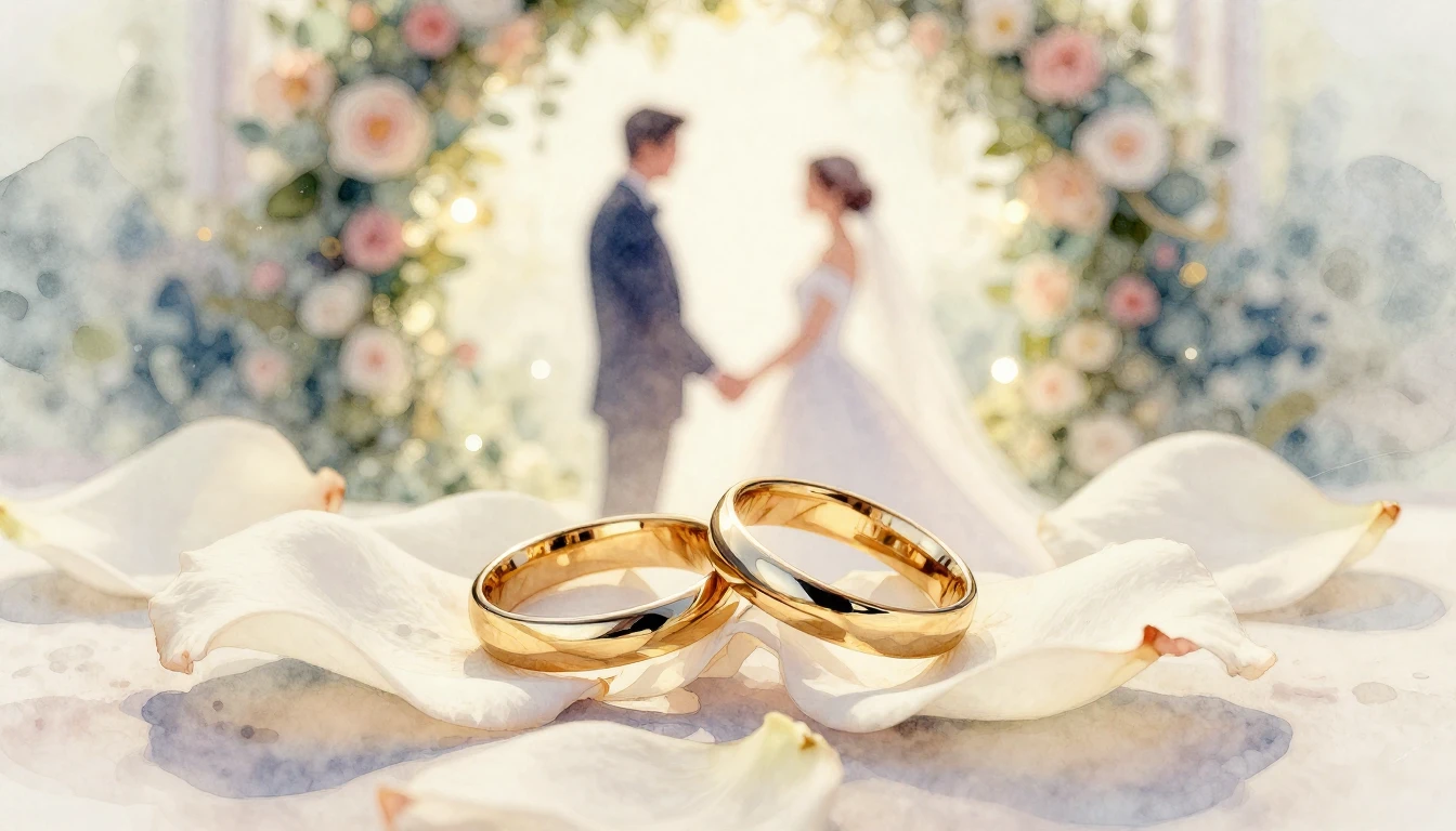 A soft and romantic watercolor painting representing a weddi...