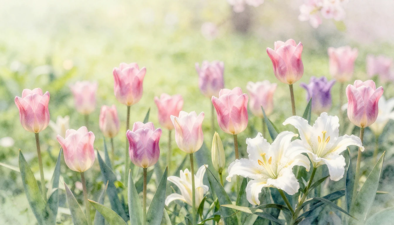A beautiful watercolor painting of a lush spring garden. Del...