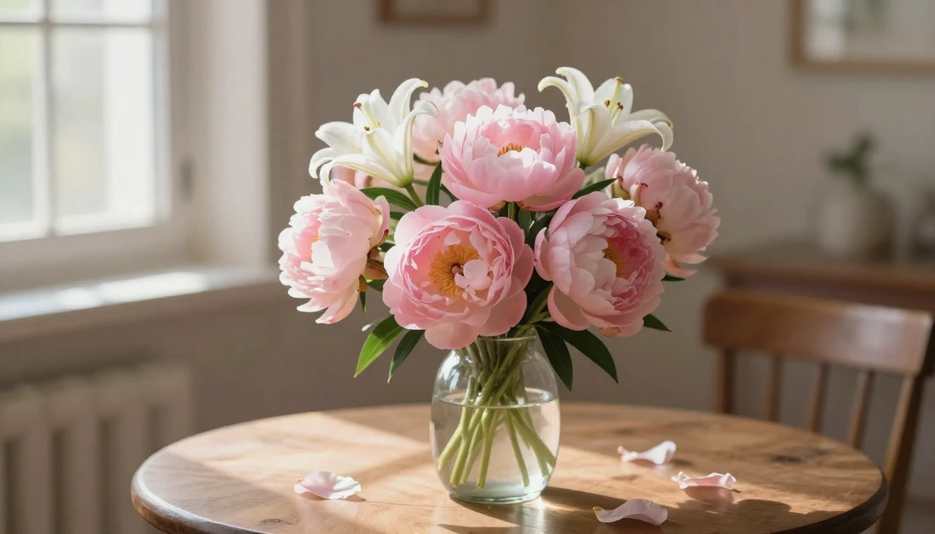 A beautiful bouquet of soft pink peonies and white lilies in...