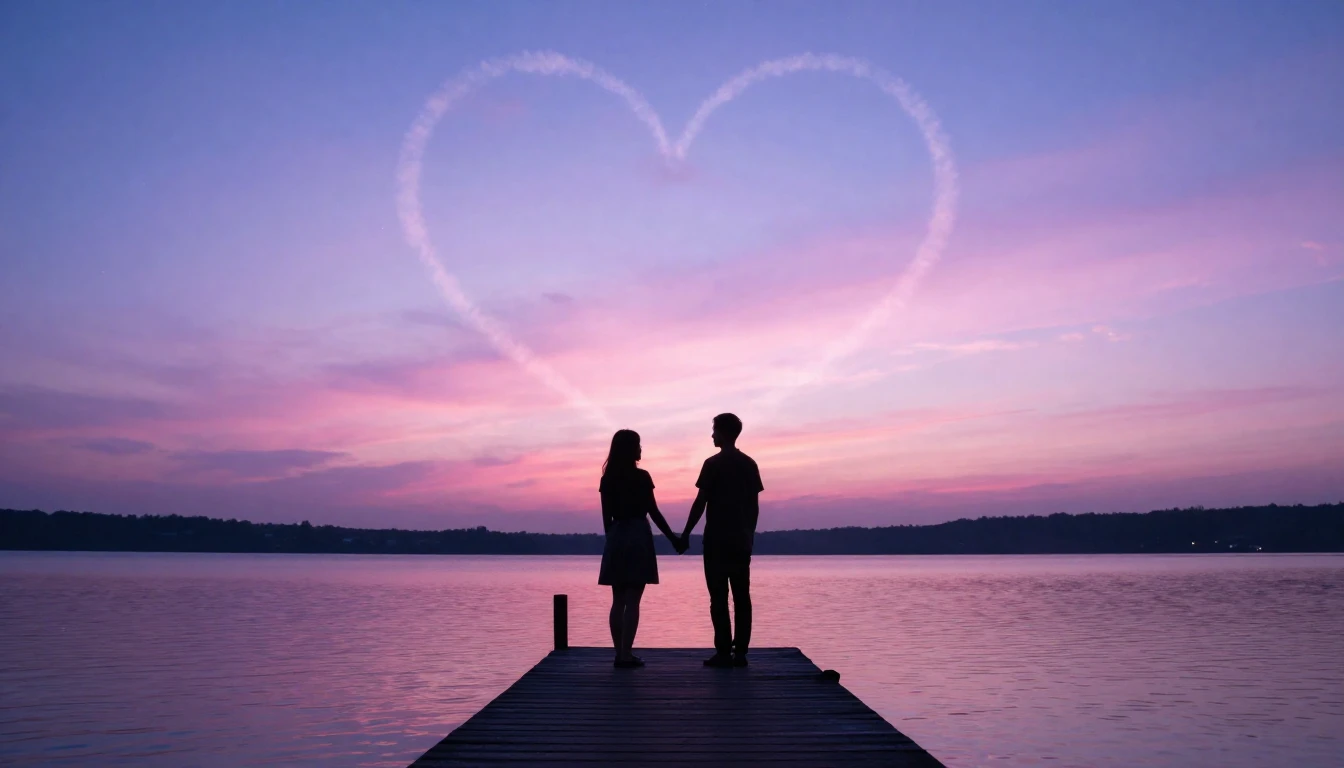 A romantic and ethereal scene depicting two silhouette figur...