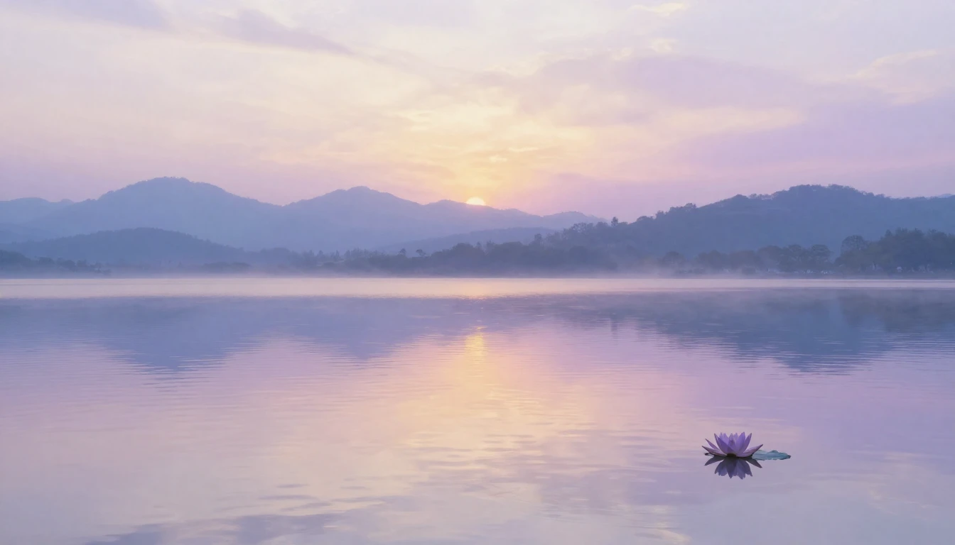 A tranquil landscape featuring a calm lake reflecting a soft...