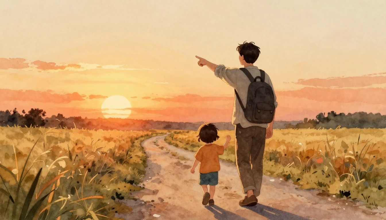 A heartwarming watercolor illustration showing a father and ...