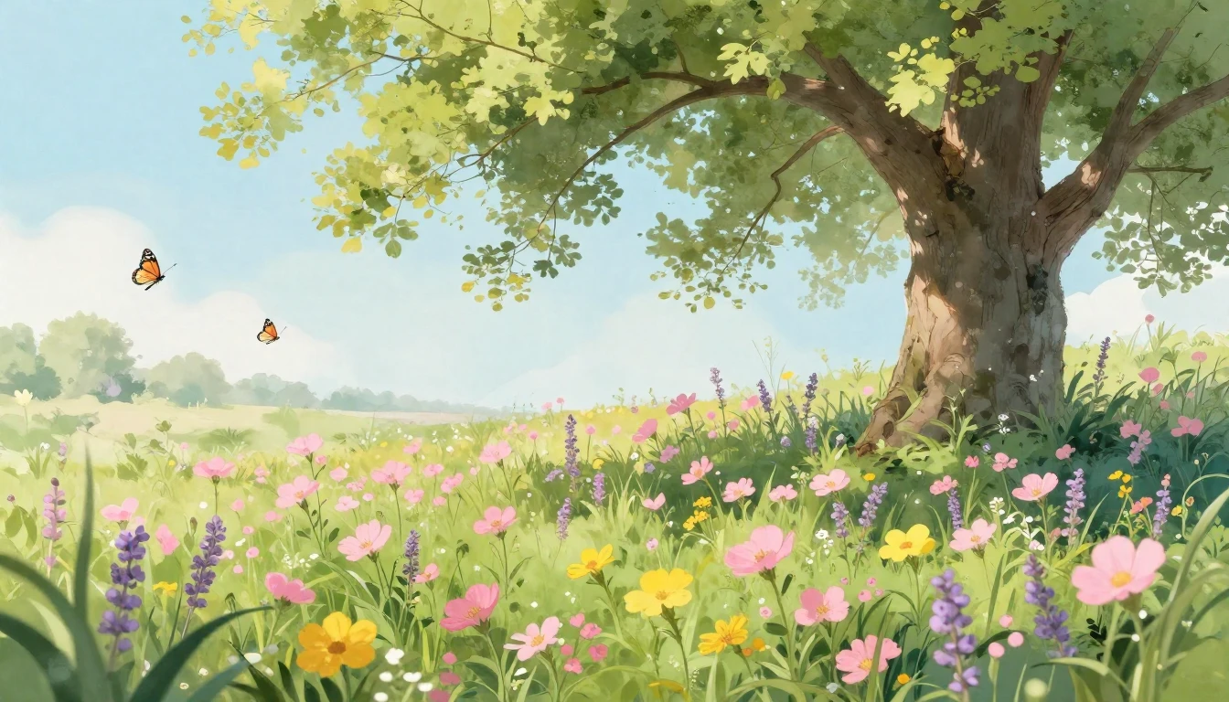 A lush meadow filled with blooming wildflowers in shades of ...