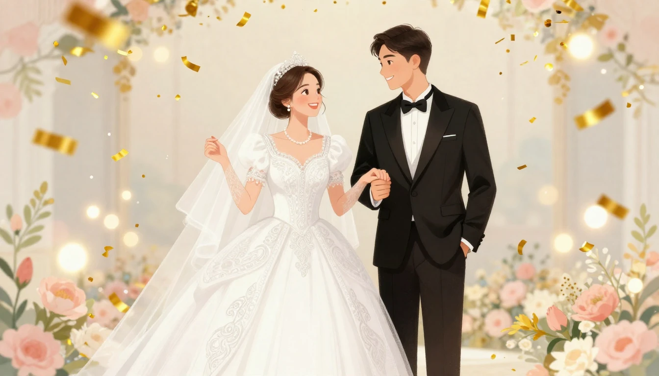 A vibrant and romantic illustration of a young Kazakh weddin...