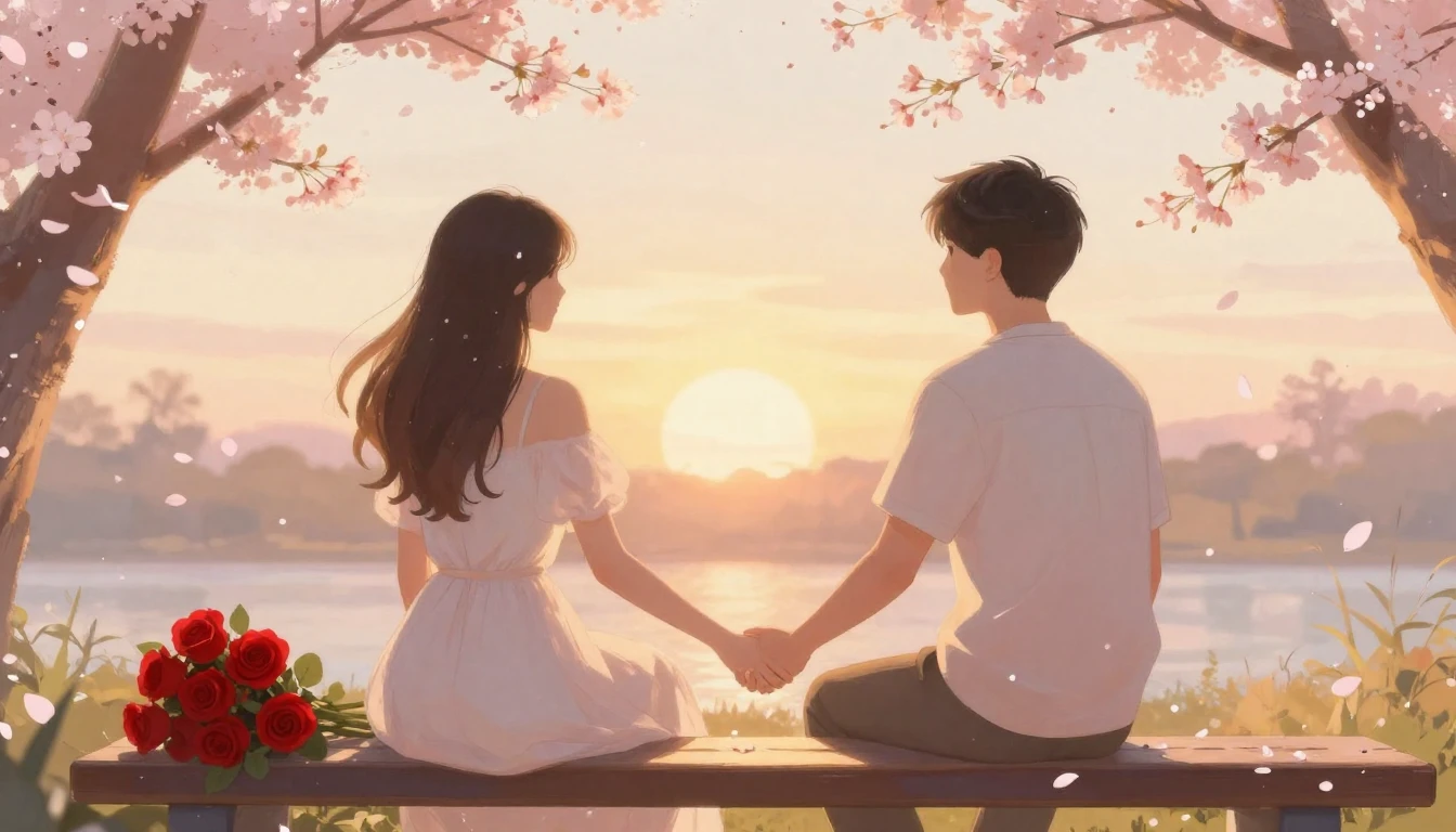 A romantic scene of a couple holding hands on a park bench d...