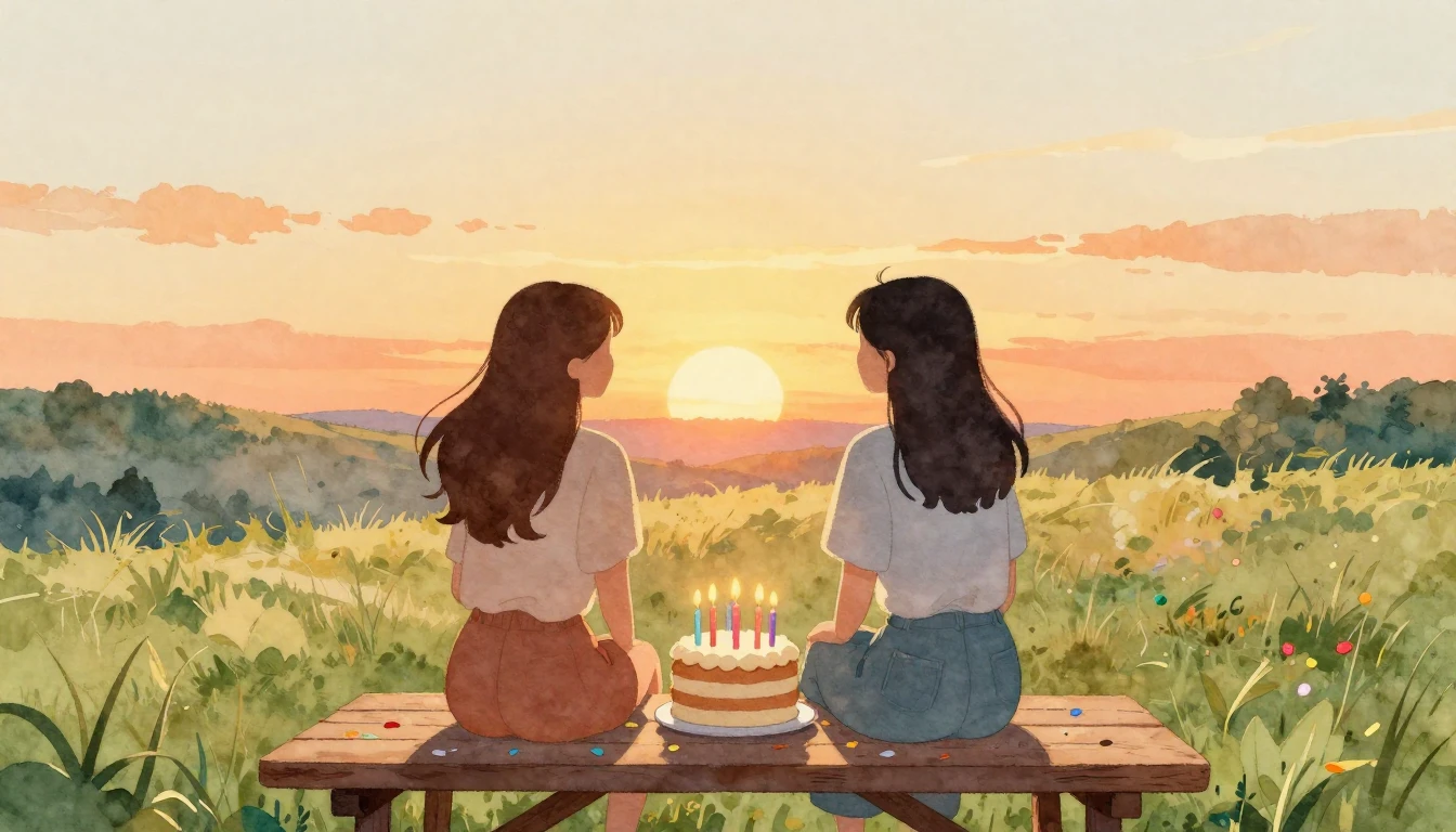 A warm and nostalgic watercolor painting featuring two silho...