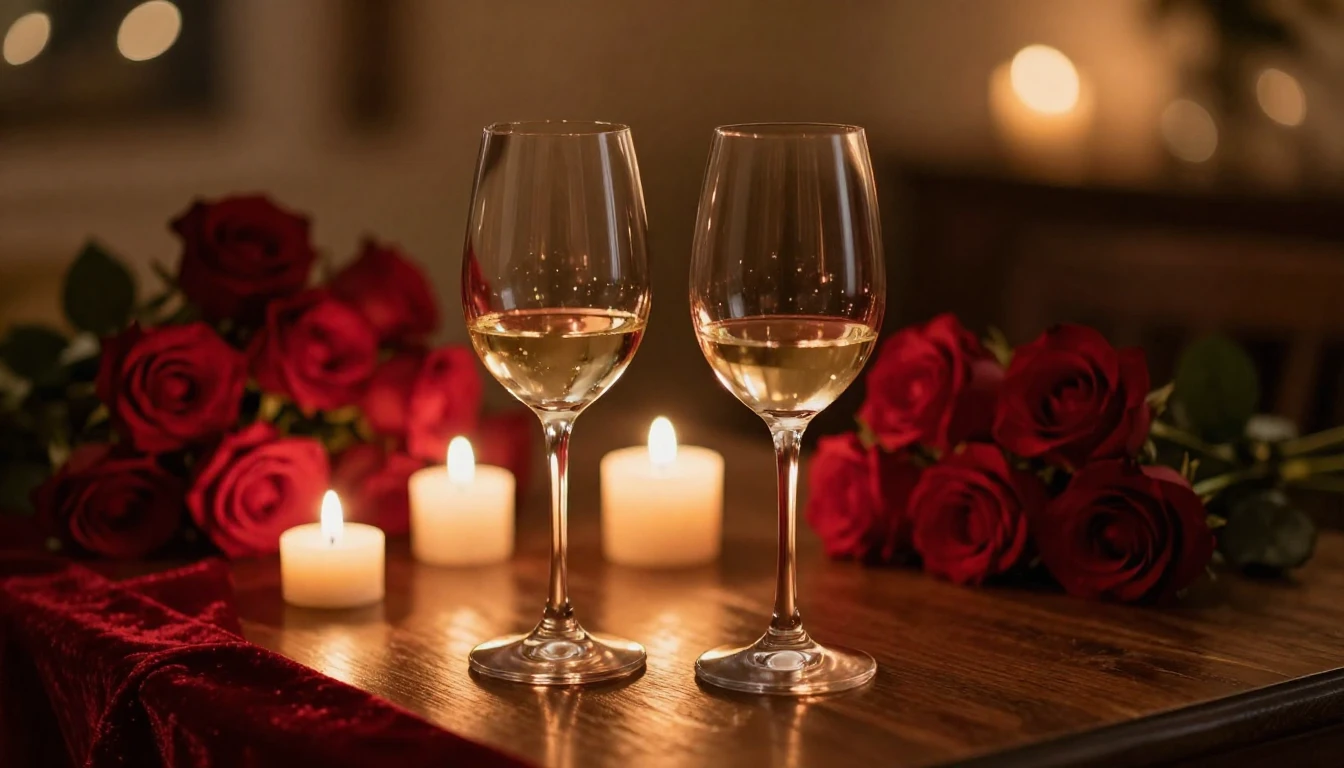 A romantic scene featuring two elegant wine glasses on a woo...