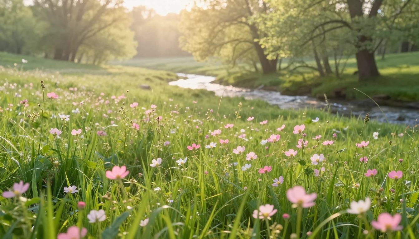 A beautiful landscape featuring a lush green meadow with del...