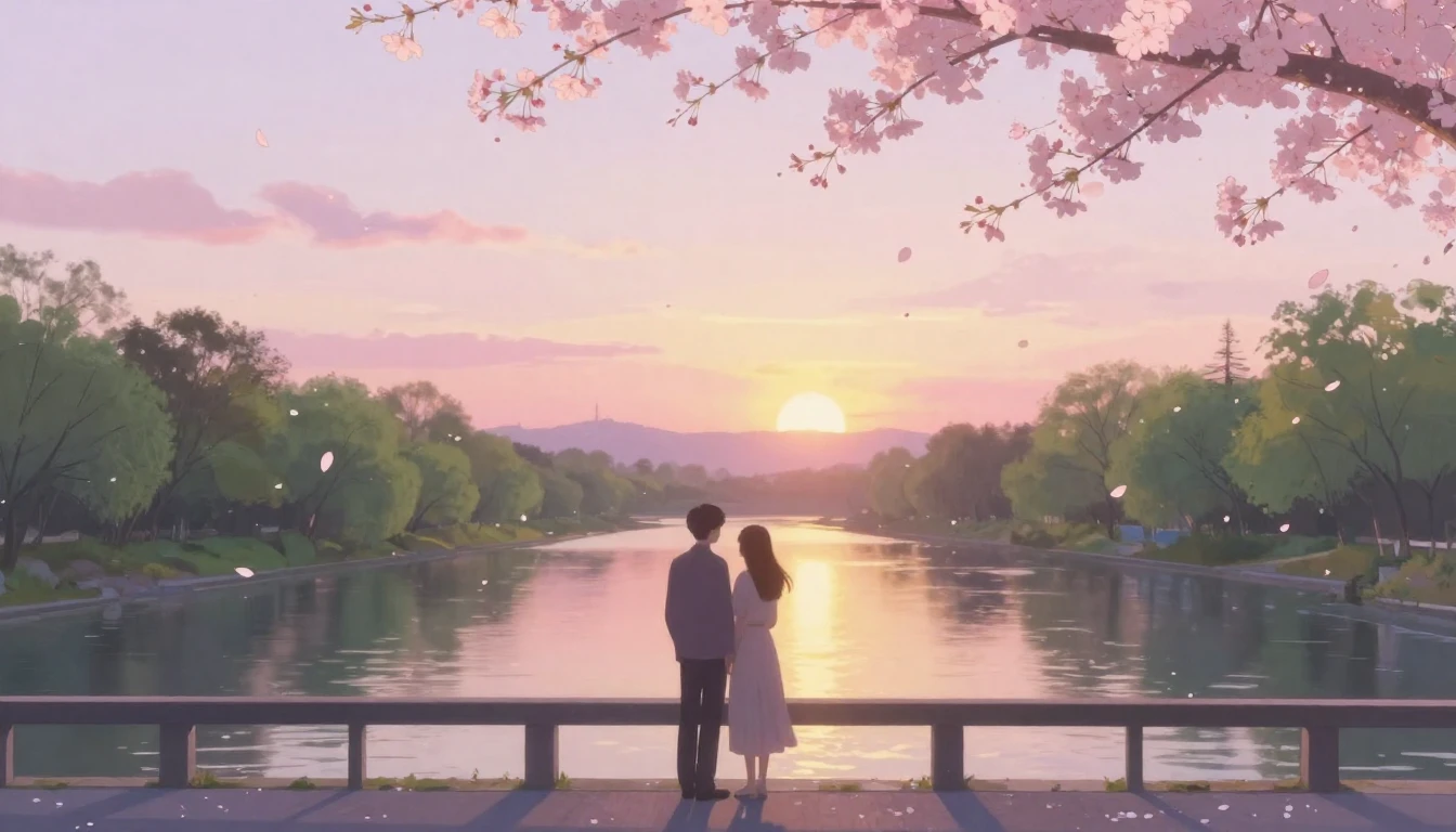 A dreamy and romantic scene featuring two silhouettes of lov...