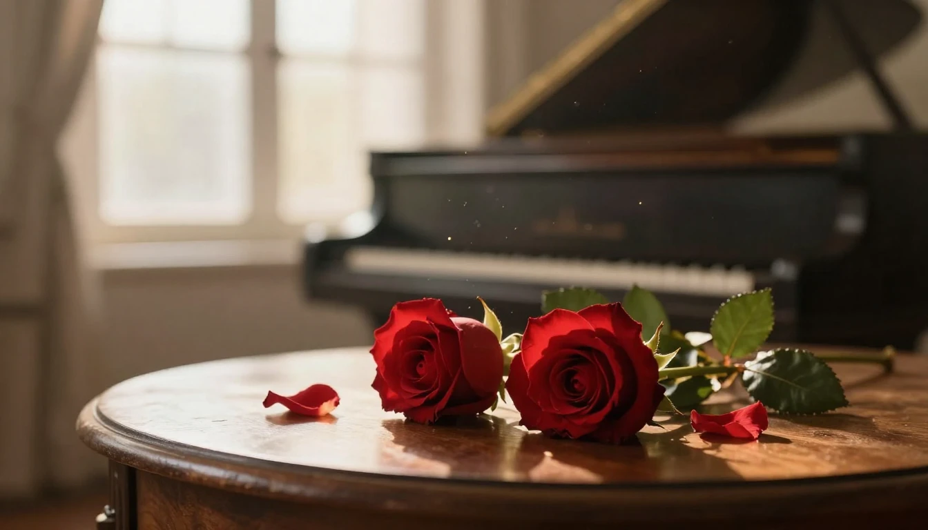 A dreamy and ethereal scene featuring two delicate red roses...