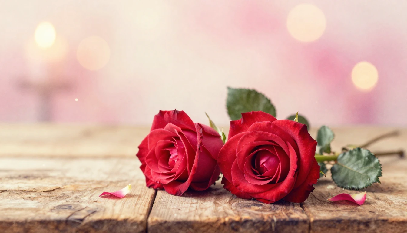 A soft watercolor painting of two delicate red roses intertw...