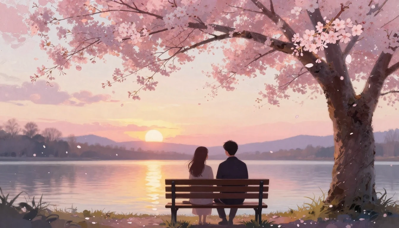 A dreamy and romantic scene featuring two silhouettes sittin...