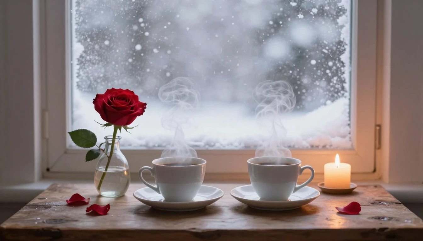 A romantic and cozy scene next to a frosted window with a vi...