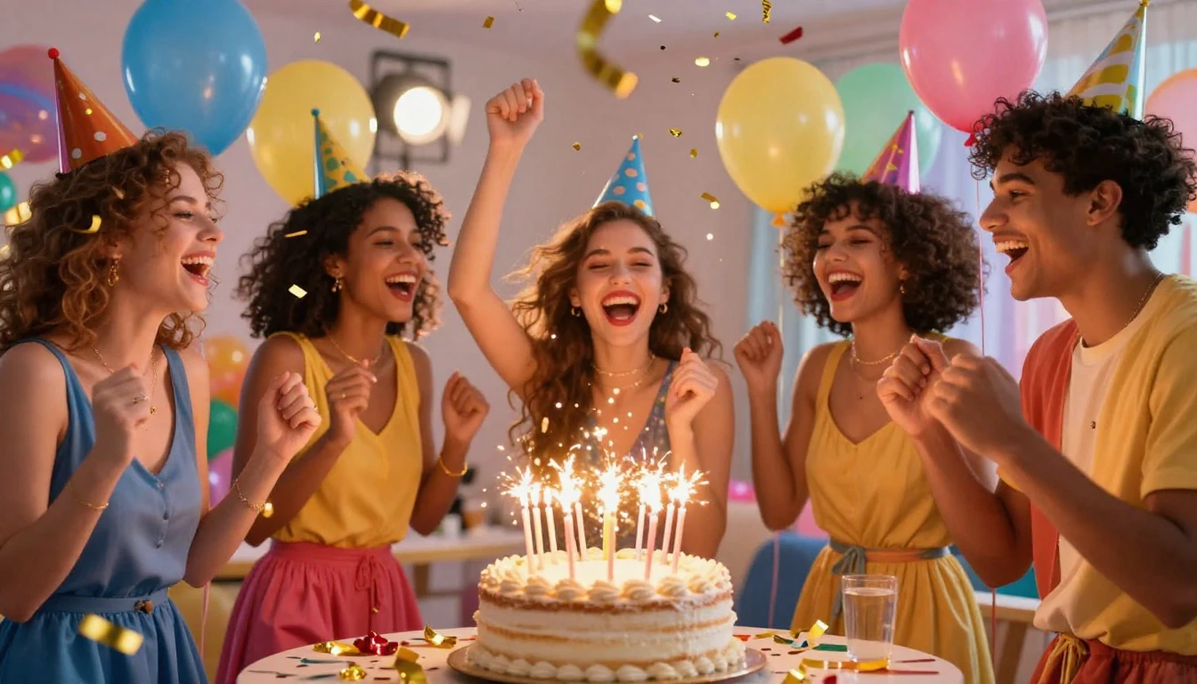 A vibrant and energetic birthday party scene featuring a gro...