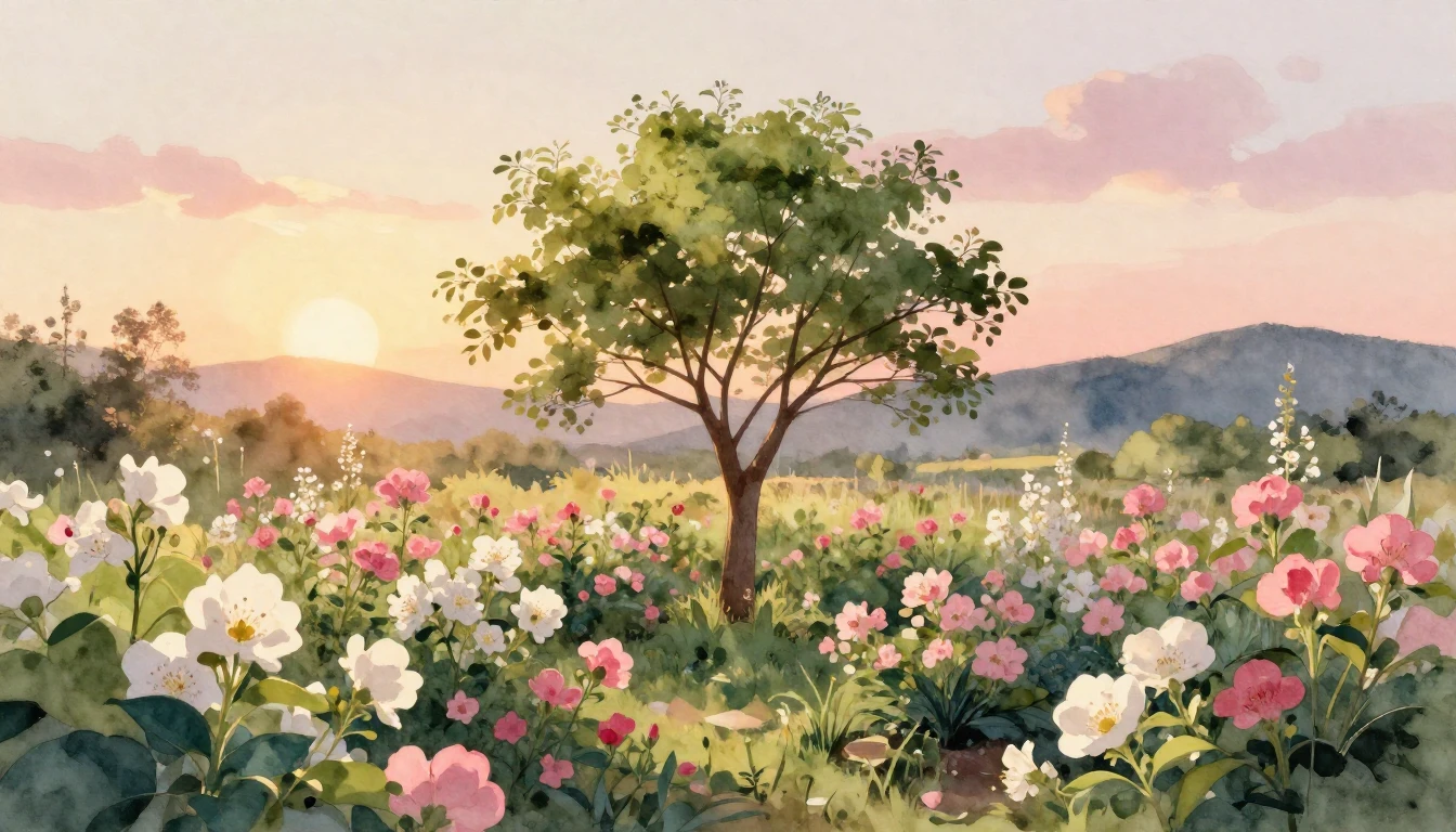 A beautiful and serene watercolor painting of a blooming gar...