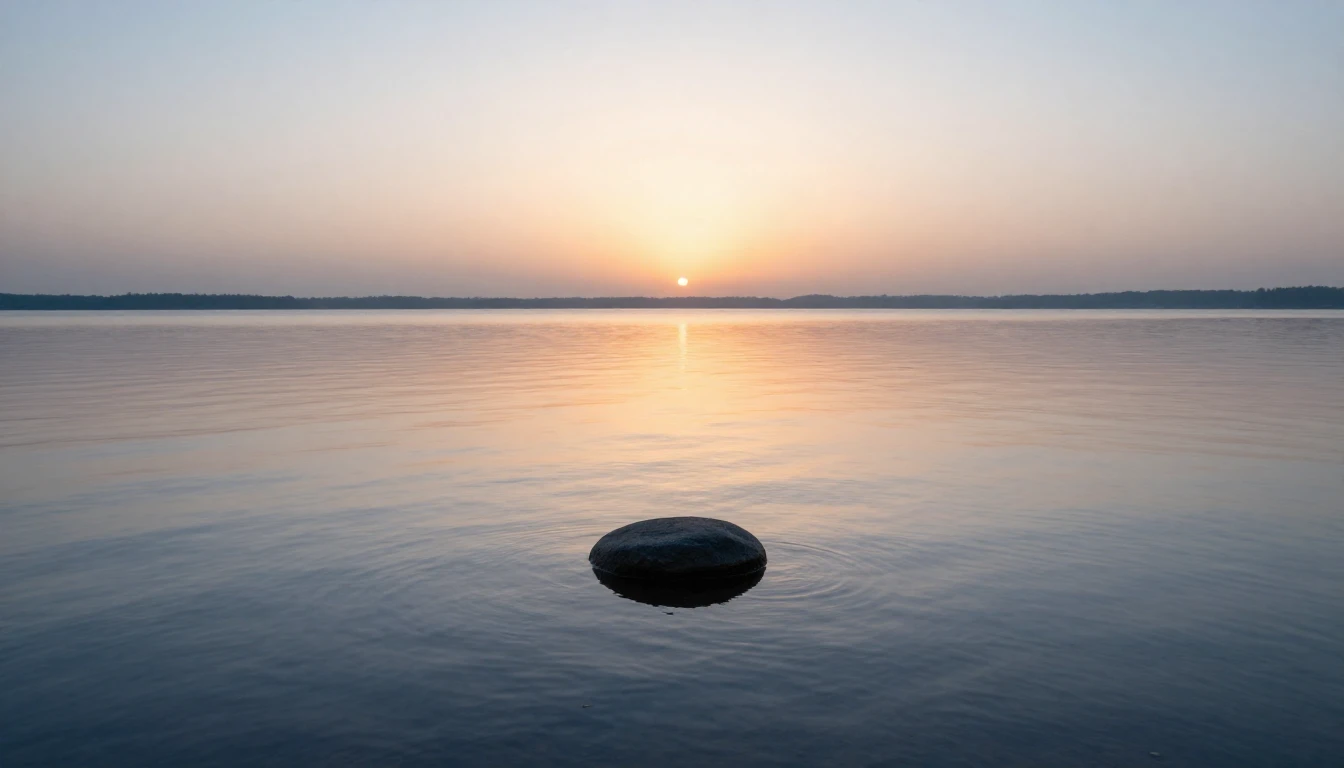 A serene landscape featuring a calm lake reflecting a soft, ...