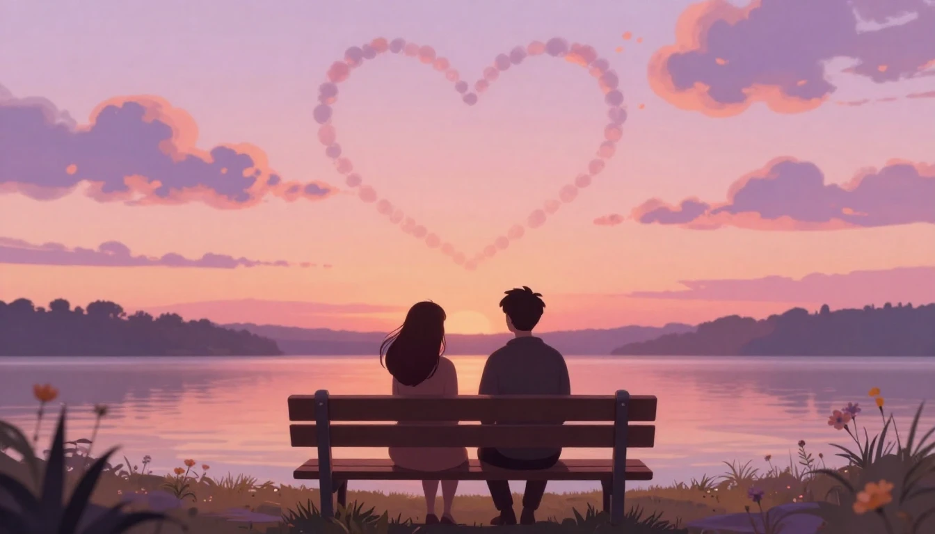 A romantic and dreamy illustration of two silhouettes sittin...