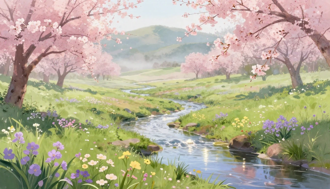 A vibrant landscape showcasing the peak of spring. Delicate ...