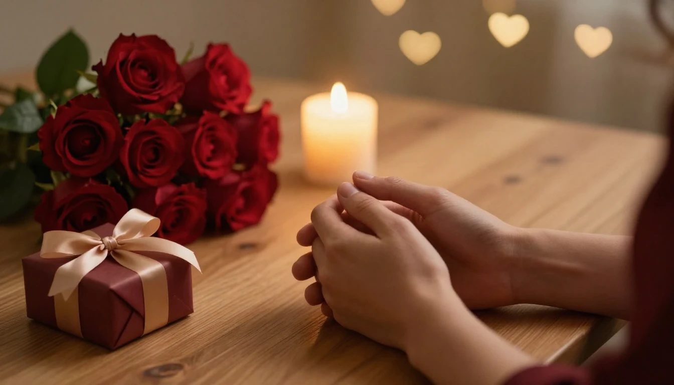 A romantic and intimate scene featuring a cozy wooden table ...