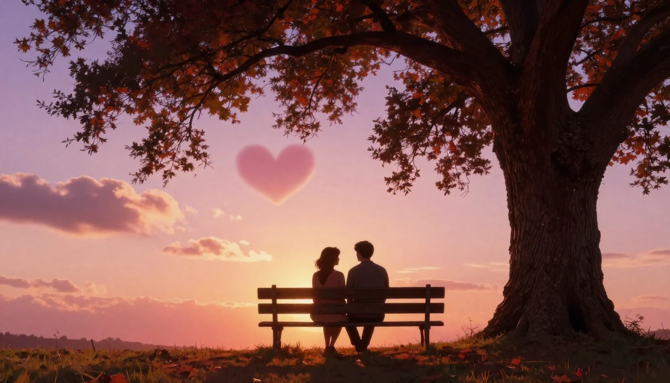 A romantic and dreamy scene featuring two silhouettes sittin...
